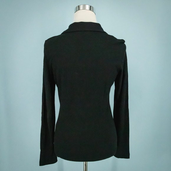 Tory Burch Size Small S Black Ruffle Collared V Neck Long Sleeve Pima Cotton Top - Picture 3 of 7